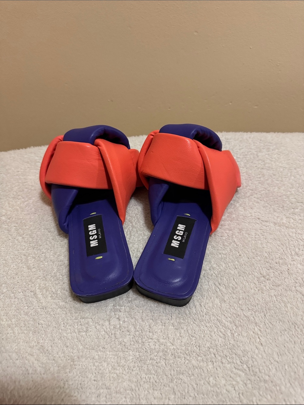 MSGM Purple and Coral Knot-Detail Slide Mules